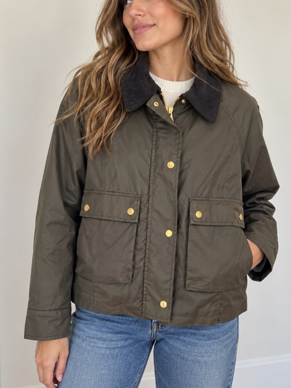 Vintage British Waxed Cotton Field Jacket Olive Green Corduroy Collar Men's Size
